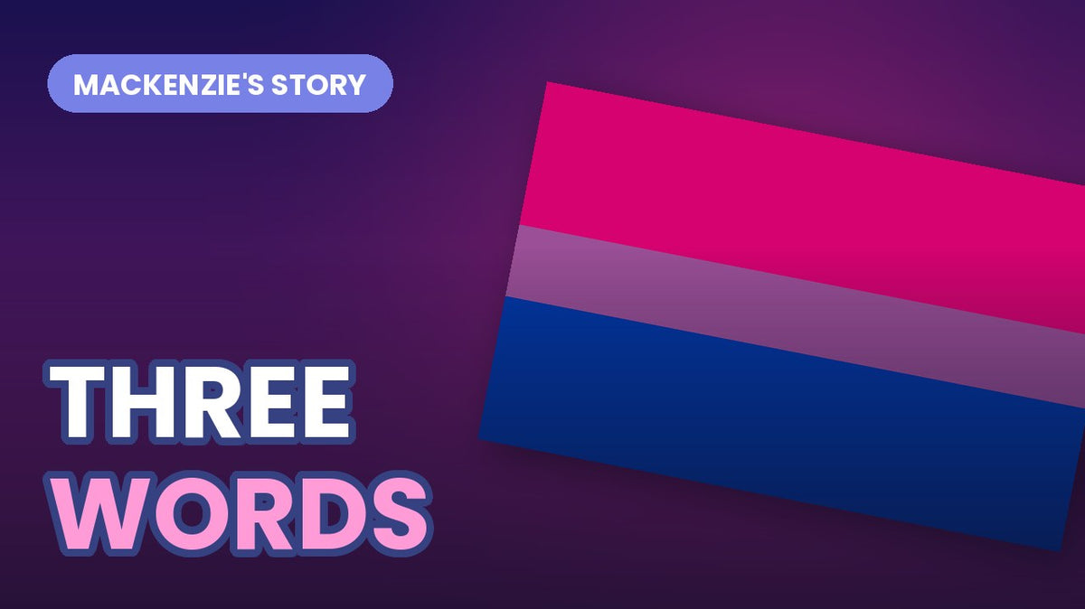 The bisexual Pride flag tilted on a dark gradient, with bold outlined text reading THREE WORDS