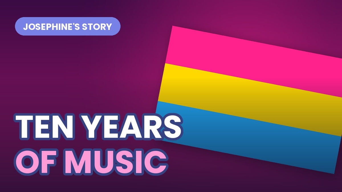 The pansexual Pride flag tilted on a dark gradient, with bold outlined text reading TEN YEARS OF MUSIC