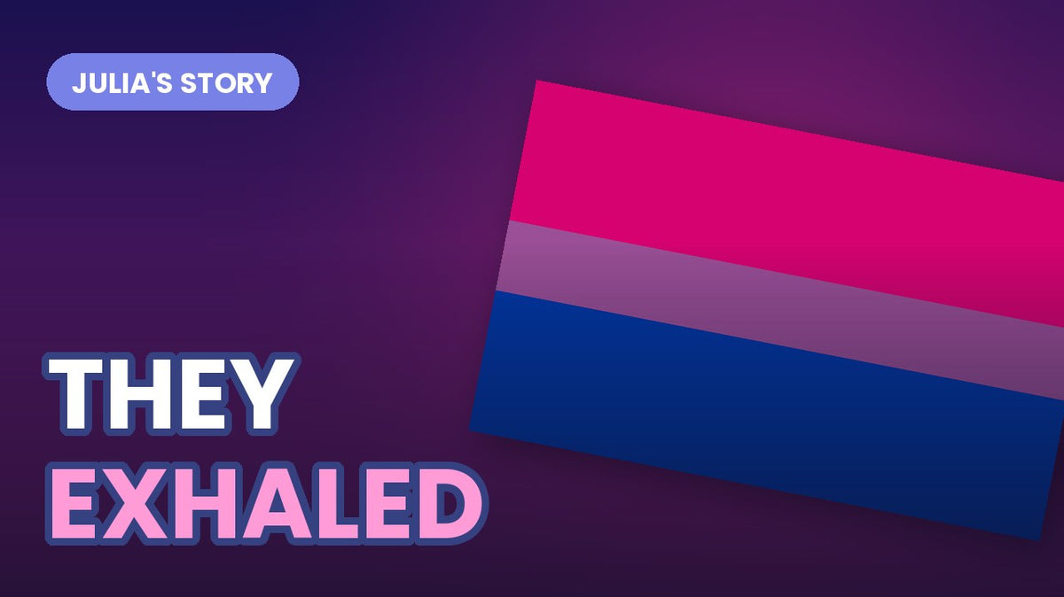The bisexual Pride flag tilted on a dark gradient, with bold outlined text reading THEY EXHALED