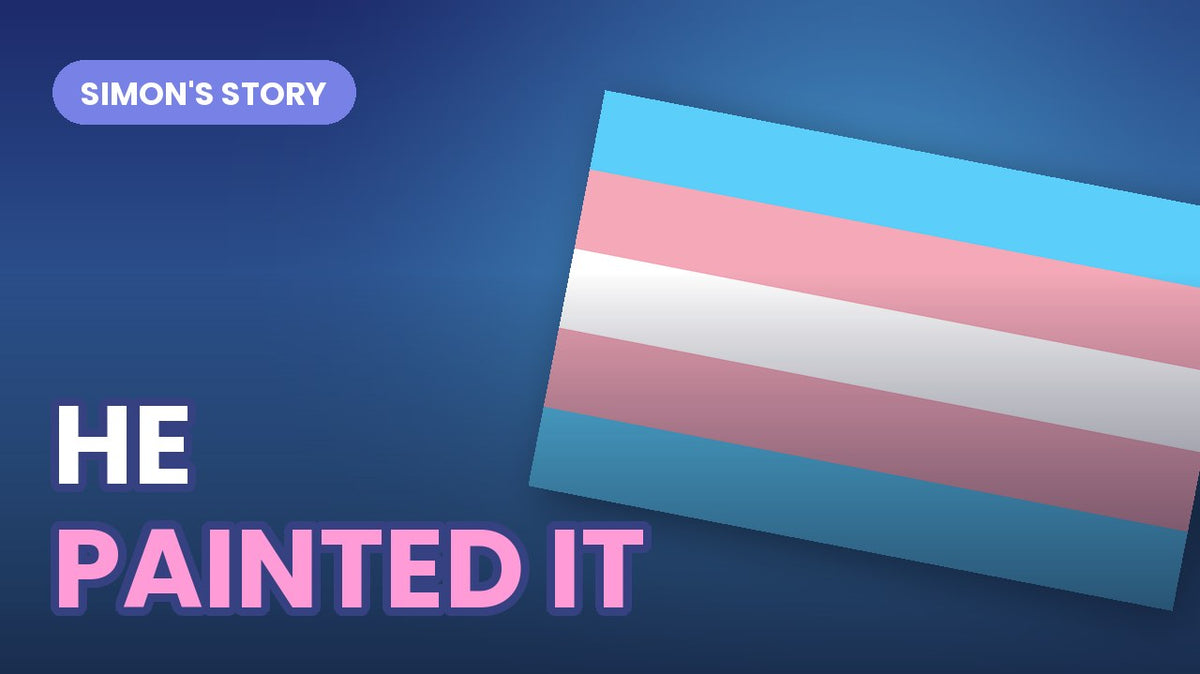 The transgender Pride flag tilted on a dark gradient, with bold outlined text reading HE PAINTED IT