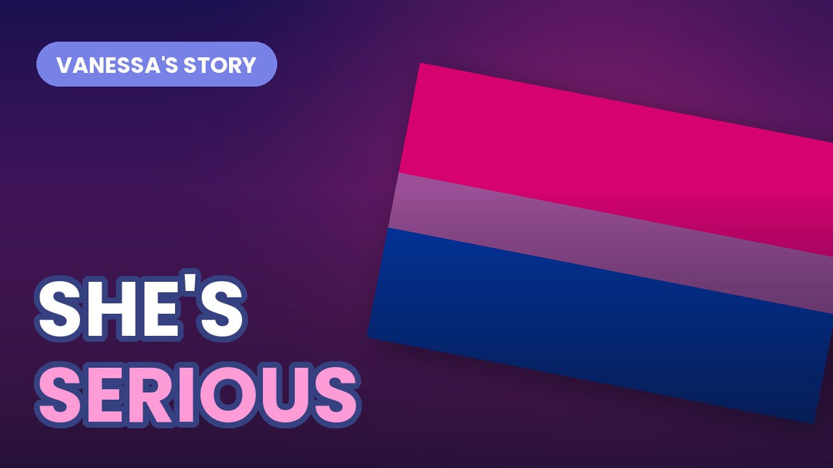 The bisexual Pride flag tilted on a dark gradient, with bold outlined text reading SHE'S SERIOUS