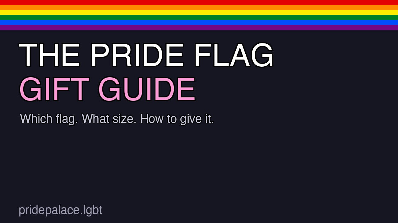 A folded rainbow Pride flag on a warm surface with the text The Pride Flag Gift Guide in bold pink lettering.