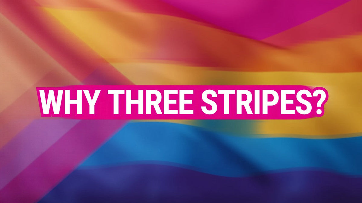 Pansexual pride flag stripes in pink, yellow, and cyan, beside bold text asking why there are three stripes.
