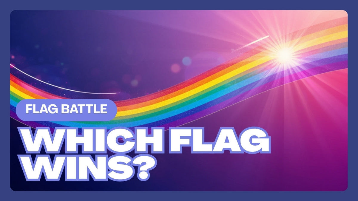 Colorful Pride flags hanging against a bright sky, with bold outlined text reading "Which Flags Do People Actually Buy?"
