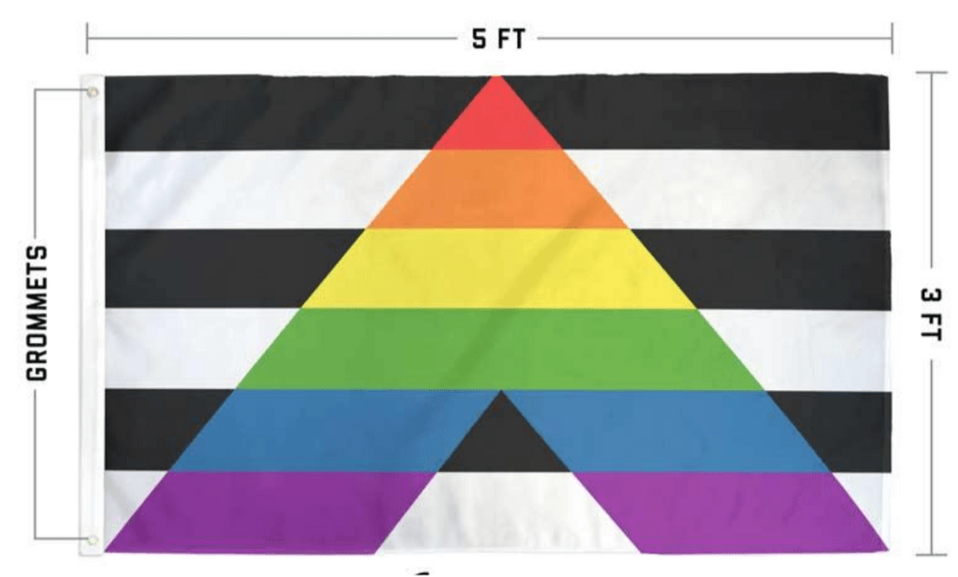 Ally Flag size diagram: 5 ft wide by 3 ft tall with grommets
