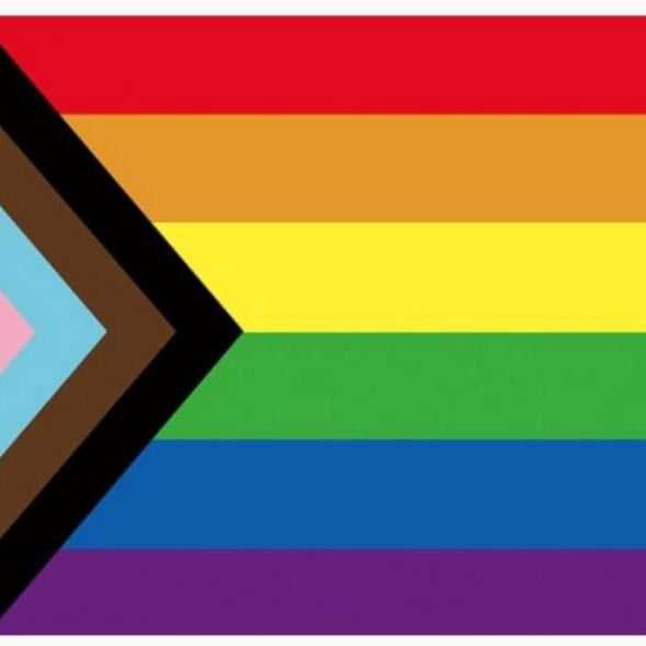 Progress Pride Flag — Daniel Quasar's 2018 design featuring the rainbow Pride flag with a forward-pointing chevron of black, brown, light blue, pink, and white stripes representing LGBTQ+ people of color and the transgender community