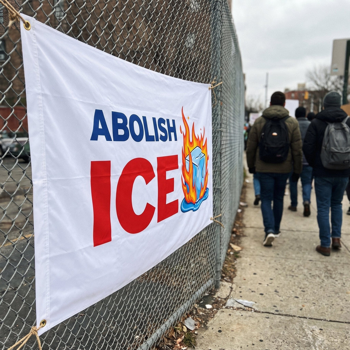 Abolish ICE Flag tied to a chain-link fence along a march route