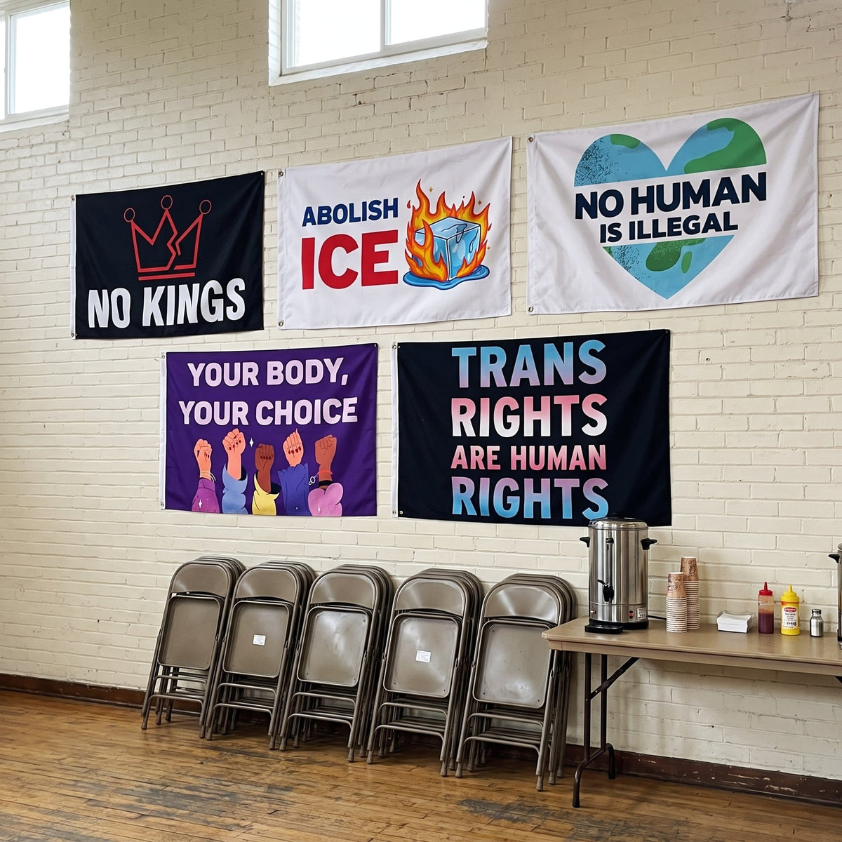 All five Full Resistance Flag Pack flags hung on a community hall wall
