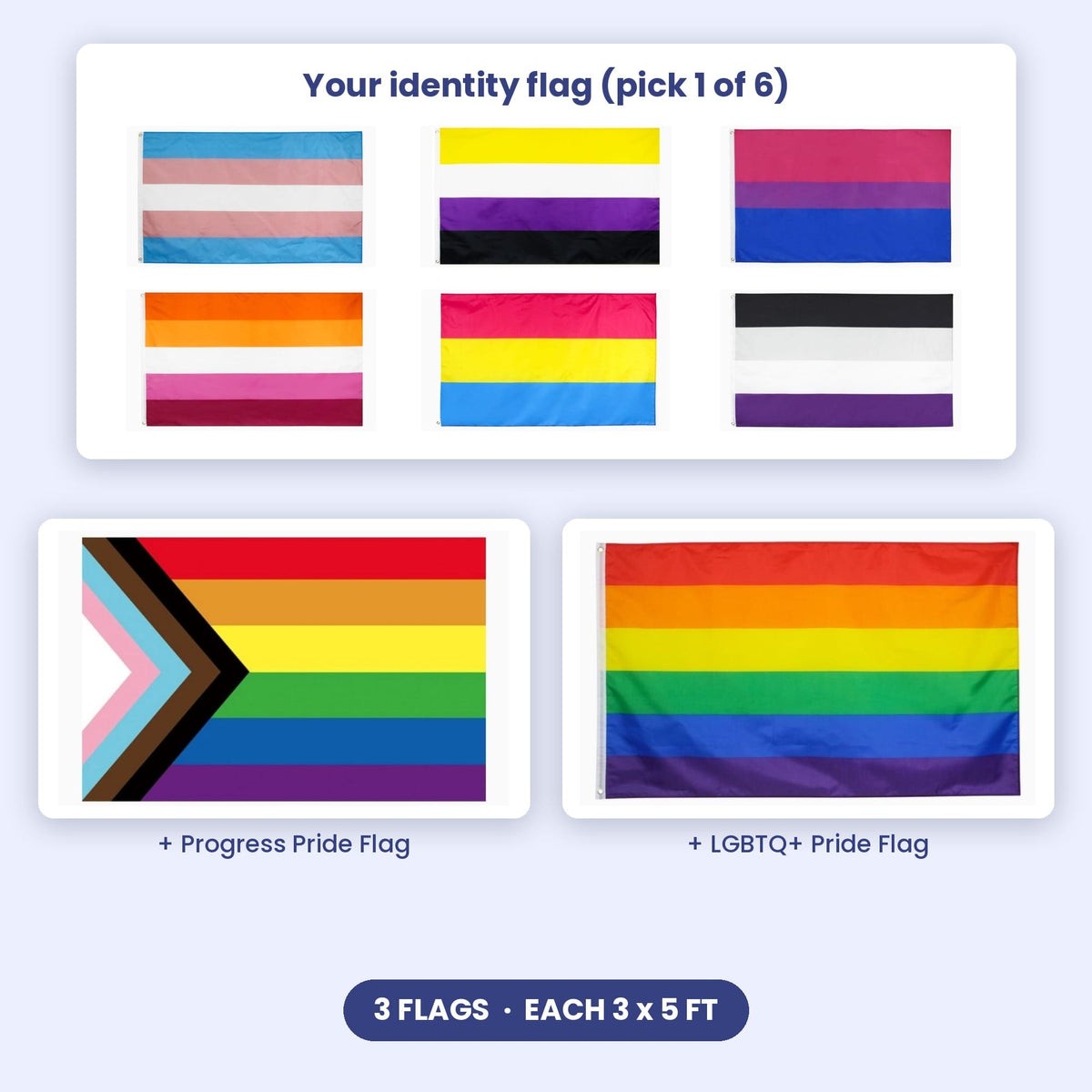 Identity Flag Trio: your identity Pride flag plus Progress Pride and rainbow LGBTQ+ flags