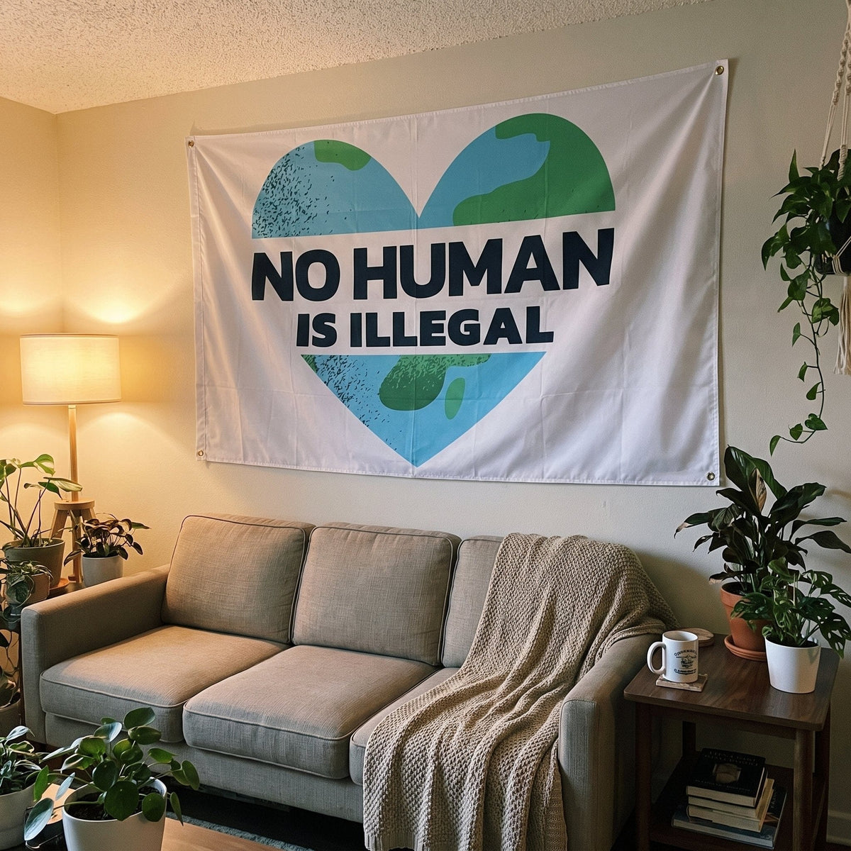 No Human is Illegal Flag hung above a living room couch