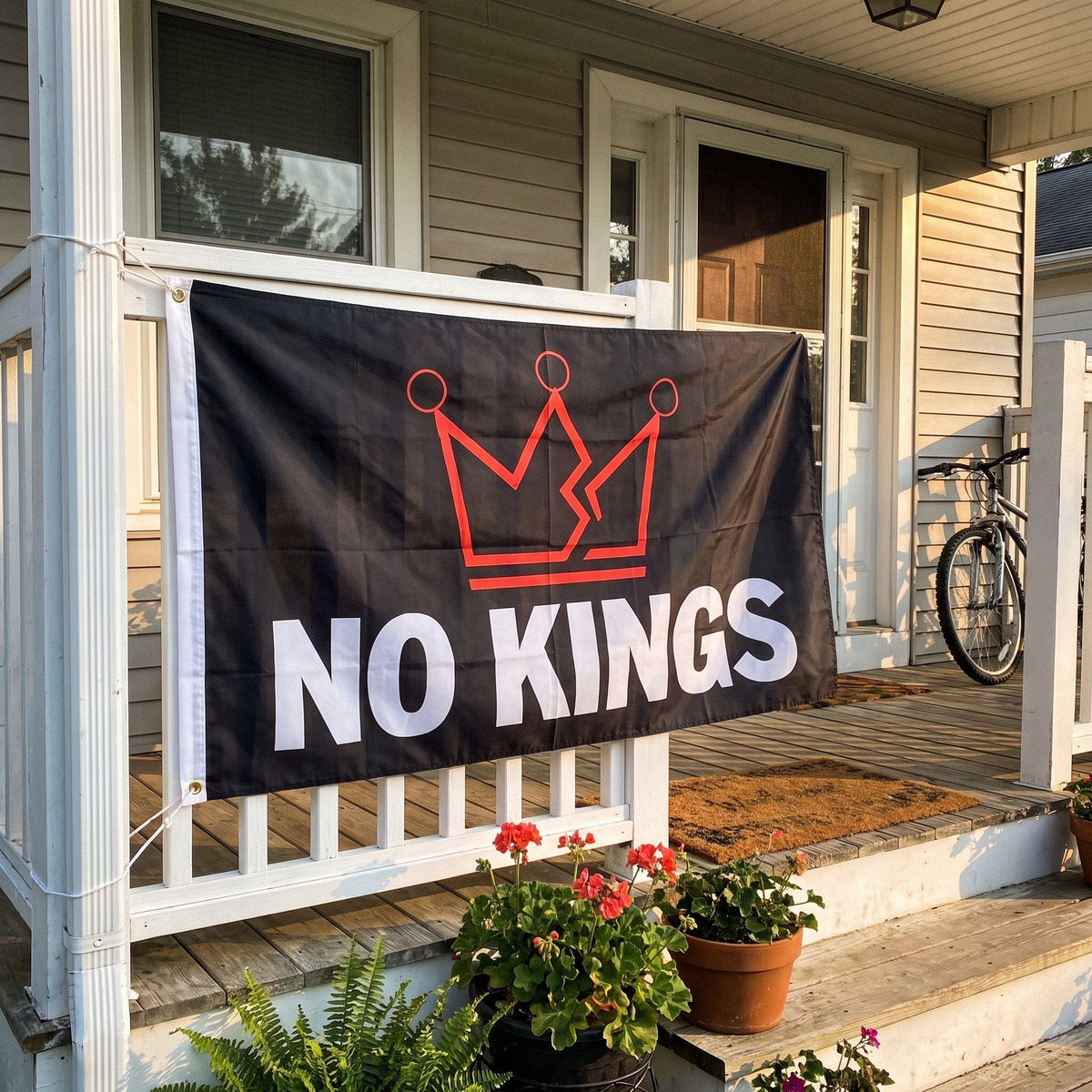 No Kings Flag hung on a front porch railing