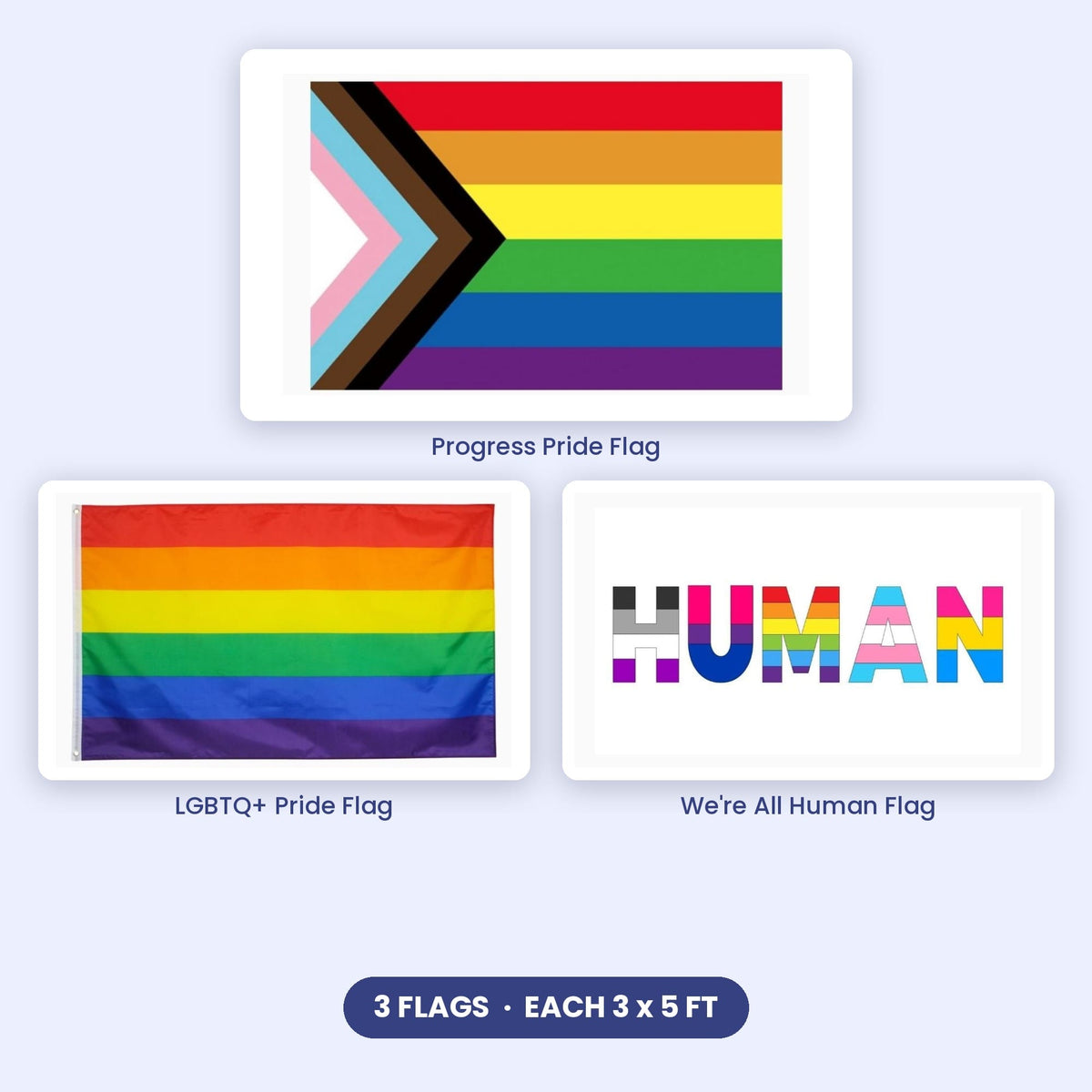 Pride Starter Flag Pack: Progress Pride, rainbow LGBTQ+ and We're All Human flags, 3x5 ft each