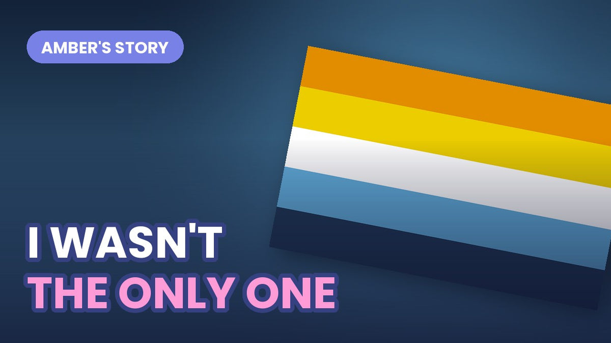 The aroace Pride flag tilted on a dark gradient, with bold outlined text reading I WASN'T THE ONLY ONE