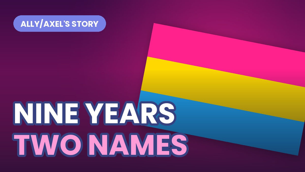 The pansexual Pride flag tilted on a dark gradient, with bold outlined text reading NINE YEARS TWO NAMES