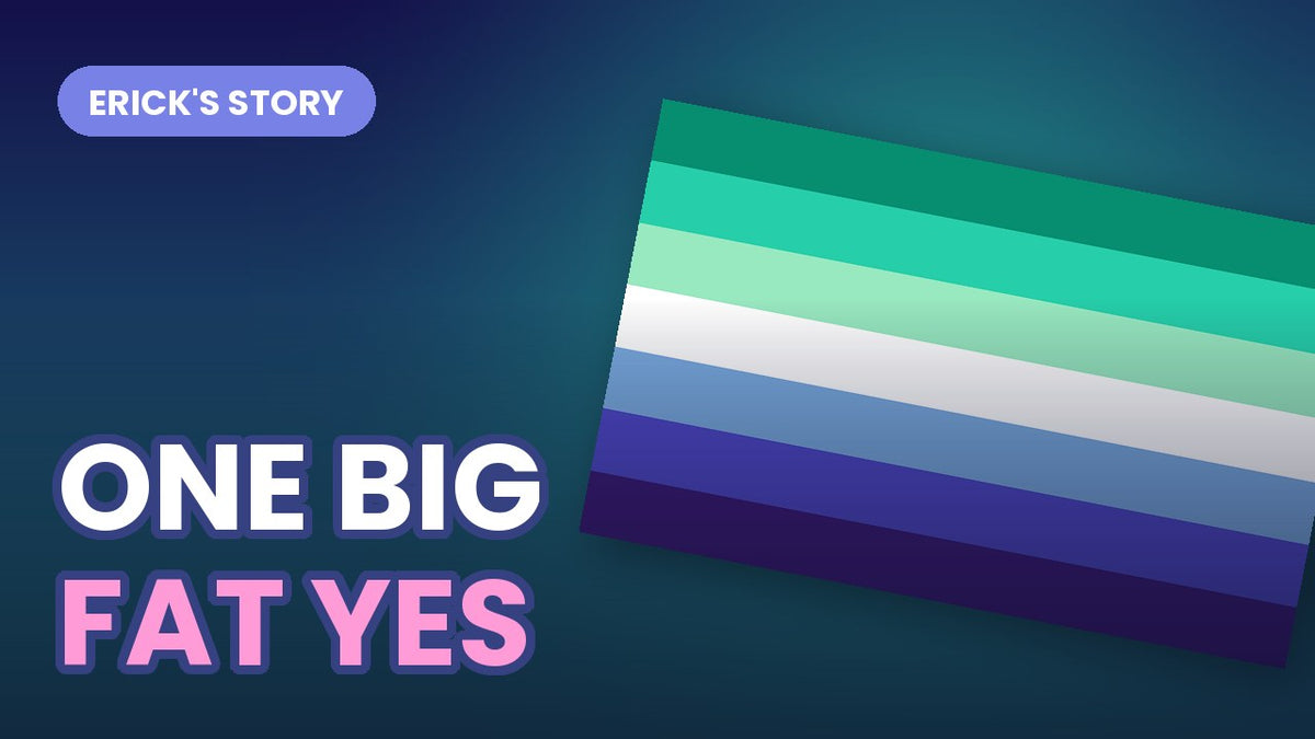 The gay men's Pride flag tilted on a dark gradient, with bold outlined text reading ONE BIG FAT YES