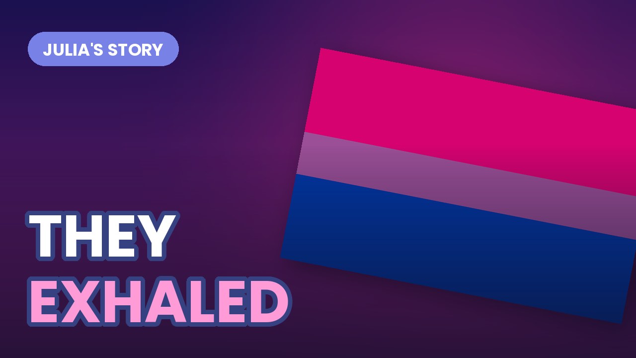 The bisexual Pride flag tilted on a dark gradient, with bold outlined text reading THEY EXHALED