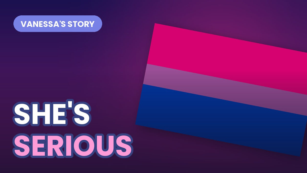 The bisexual Pride flag tilted on a dark gradient, with bold outlined text reading SHE'S SERIOUS