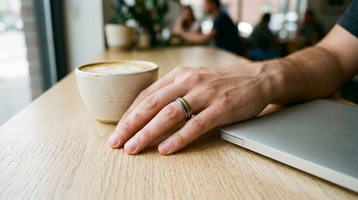 A hand resting on a cafe table wearing a rainbow Pride ring