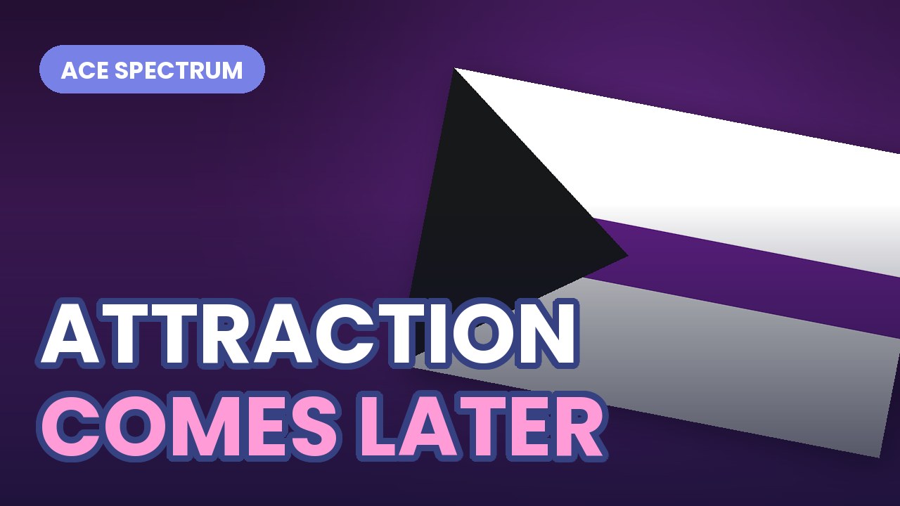 The demisexual Pride flag with its black triangle and purple stripe, with bold outlined text reading ATTRACTION COMES LATER