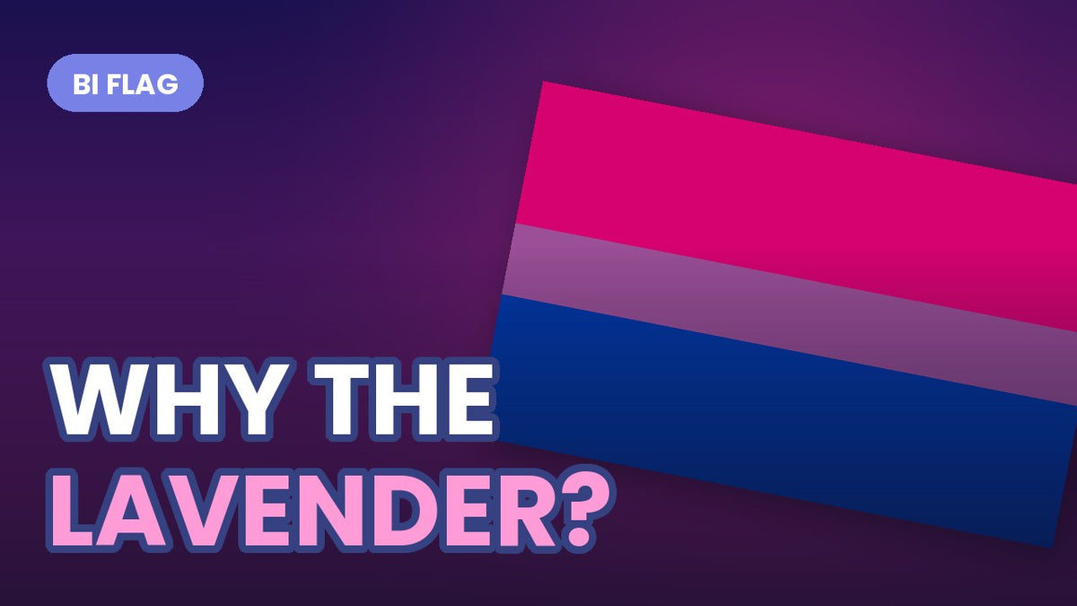 Bisexual Pride flag with pink, lavender and royal blue stripes, bold outlined text reading WHY THE LAVENDER?