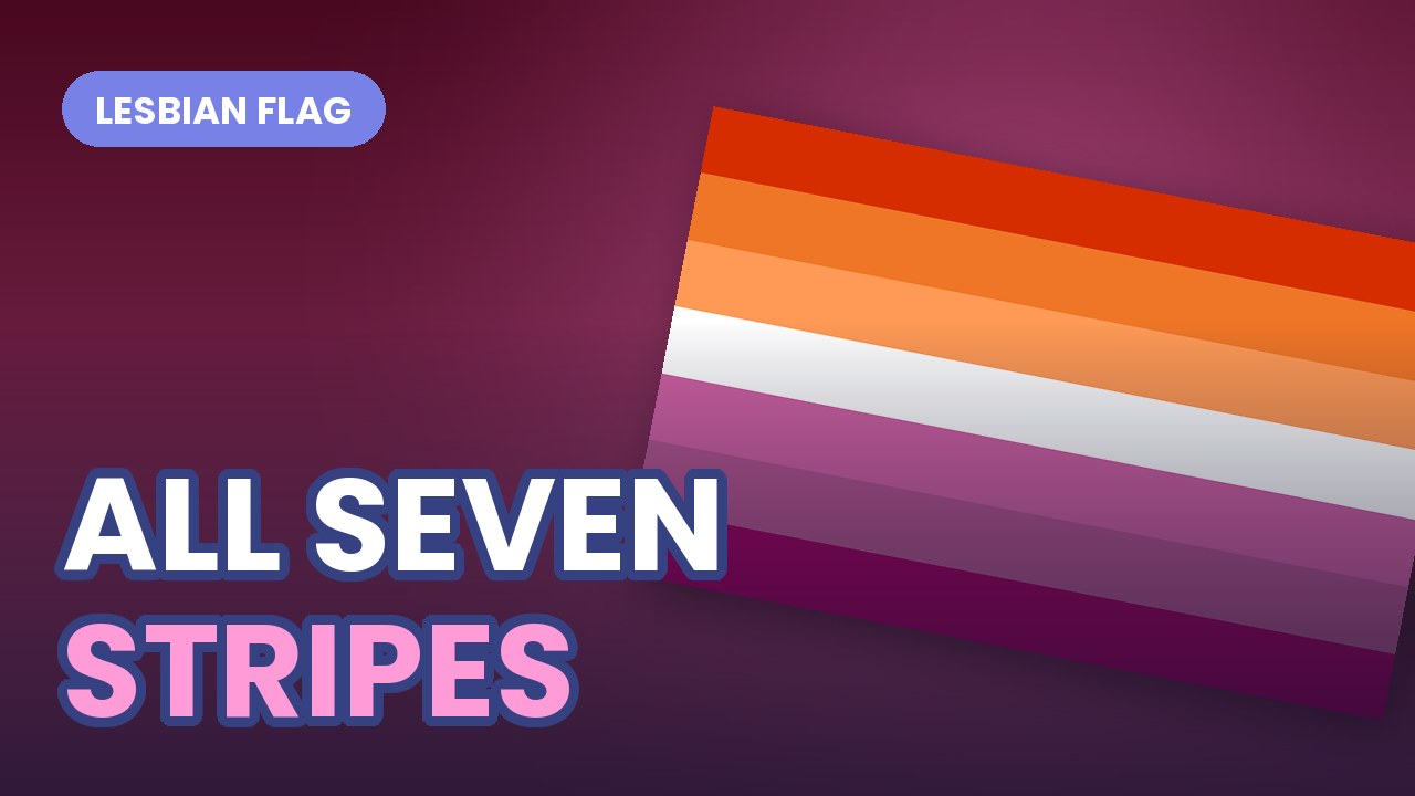 Lesbian Pride flag with seven orange, white and pink stripes, bold outlined text reading ALL SEVEN STRIPES