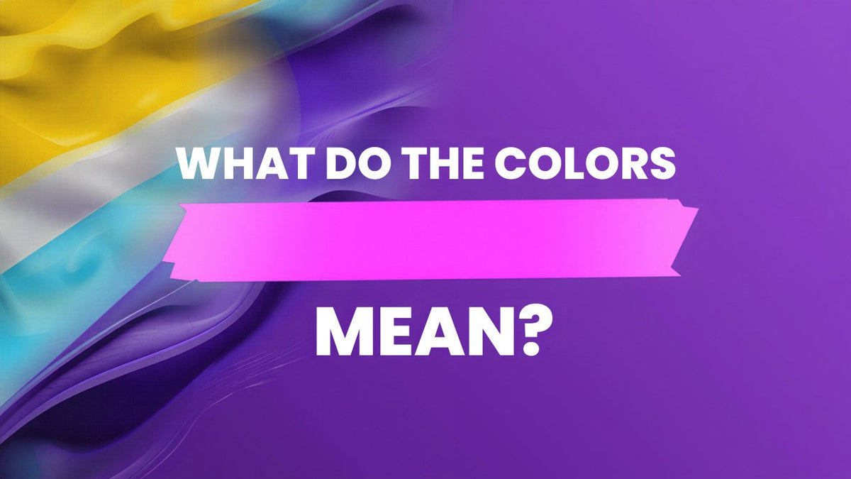 Non-binary pride flag stripes in yellow, white, purple, and black, beside bold text asking what the colors mean.