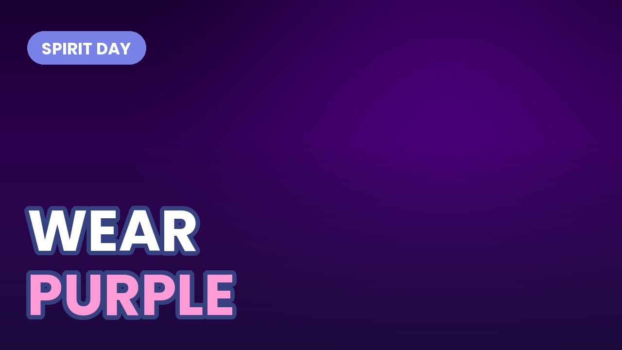 Bold text reading WEAR PURPLE on a deep purple and navy gradient background, Spirit Day observance graphic