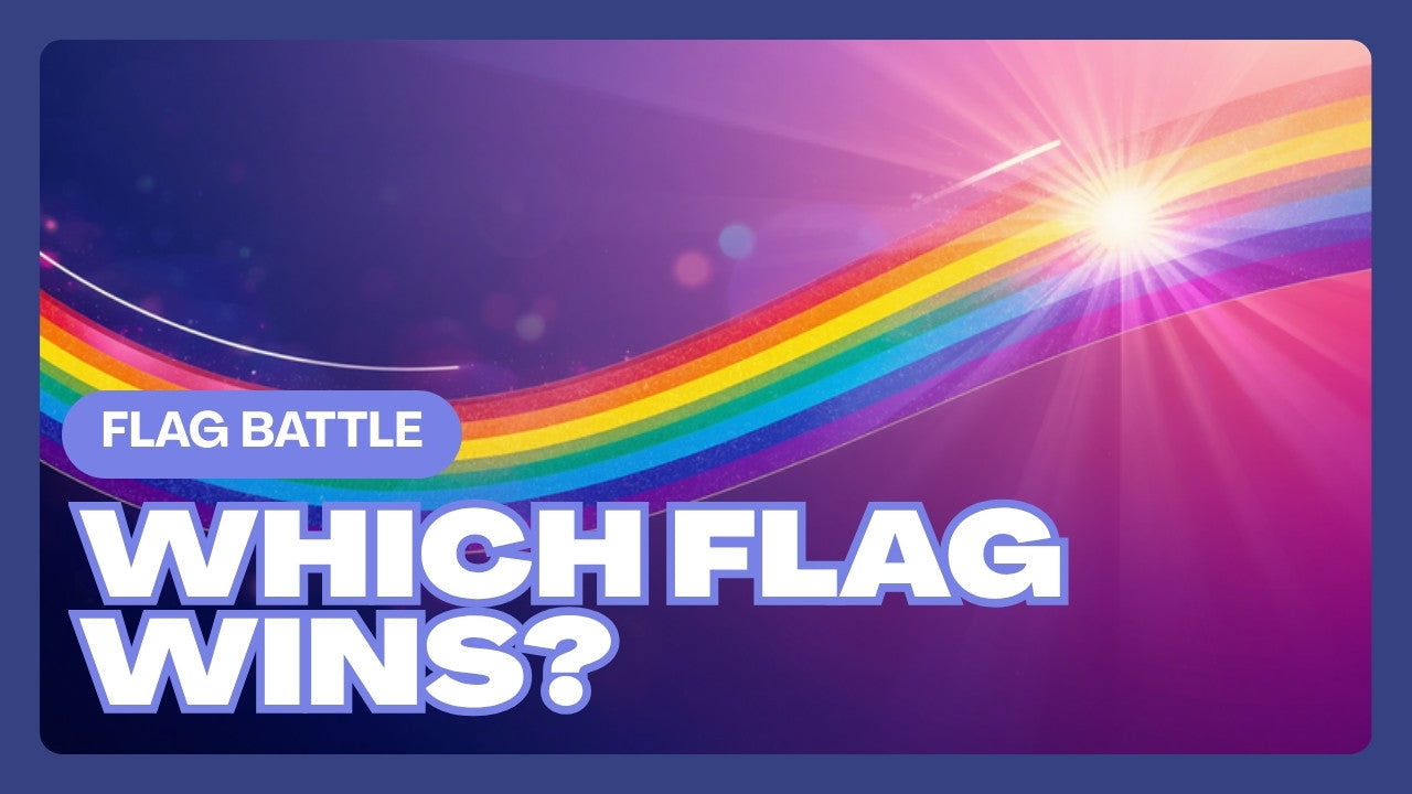 Colorful Pride flags hanging against a bright sky, with bold outlined text reading "Which Flags Do People Actually Buy?"