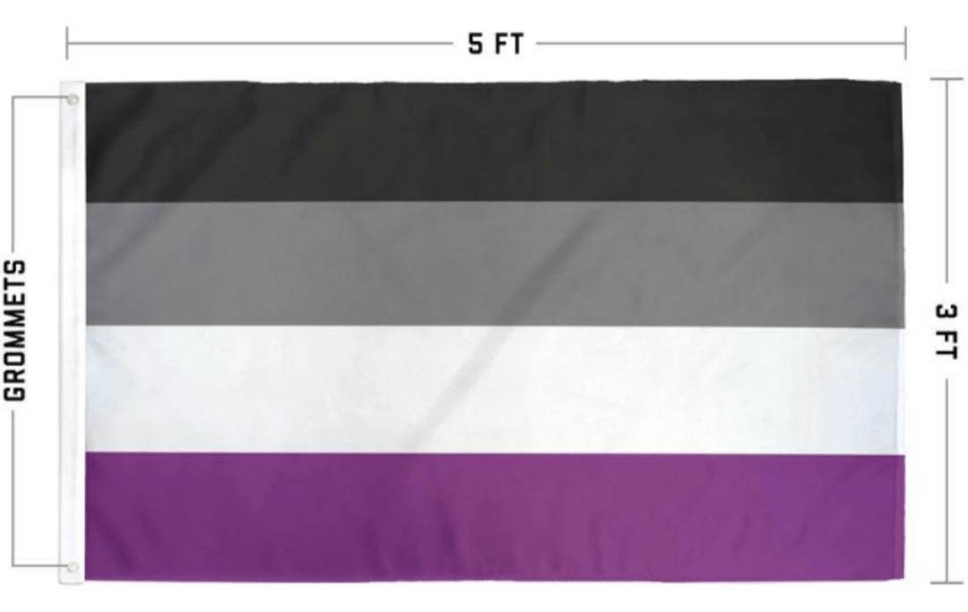 Asexual Pride Flag size diagram: 5 ft wide by 3 ft tall with grommets