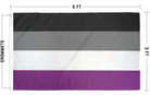 Asexual Pride Flag size diagram: 5 ft wide by 3 ft tall with grommets