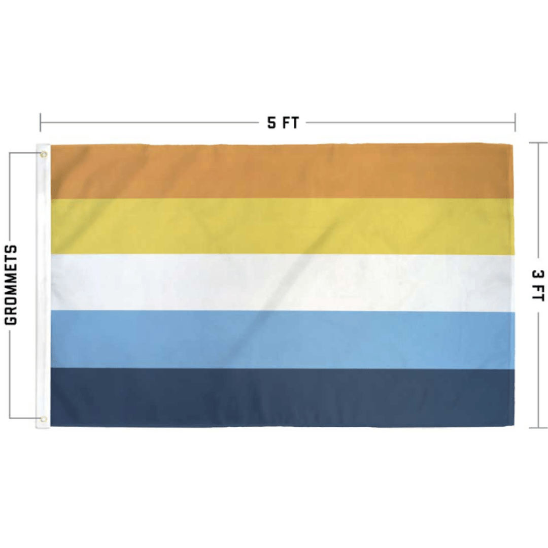 Aroace Flag size diagram: 5 ft wide by 3 ft tall with grommets