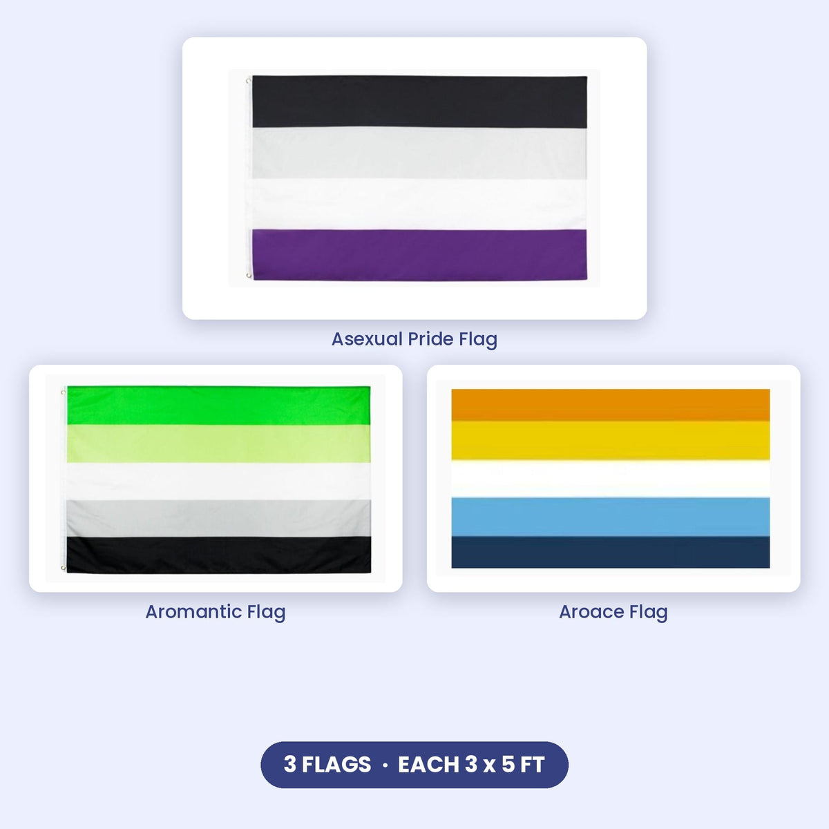 A-Spec Flag Pack: Asexual, Aromantic and Aroace Pride flags, 3x5 ft each