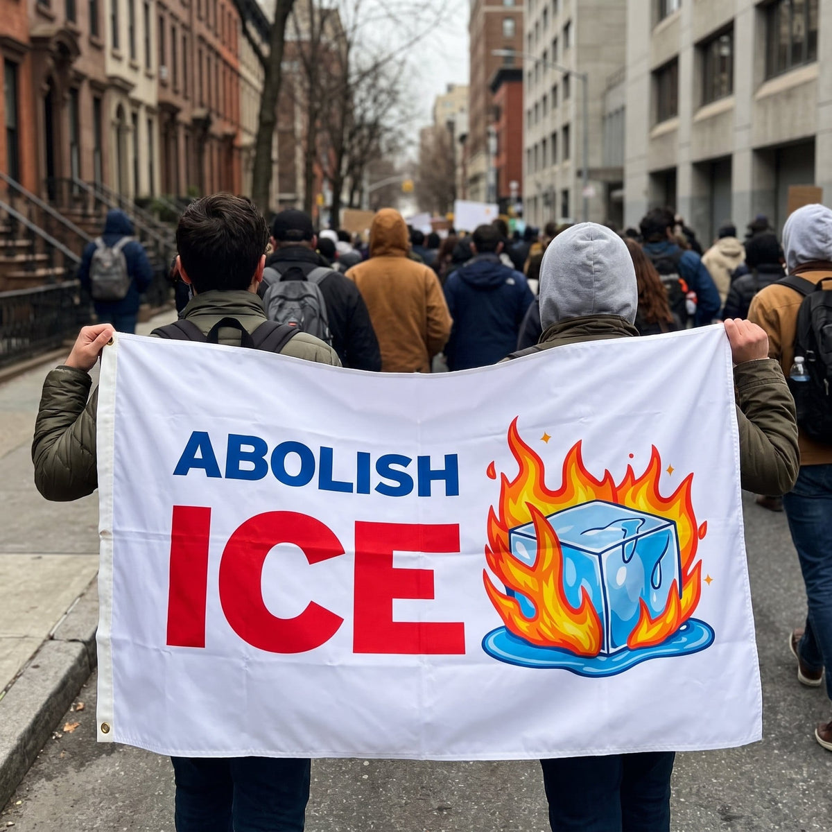 Abolish ICE Flag carried like a banner at a street march