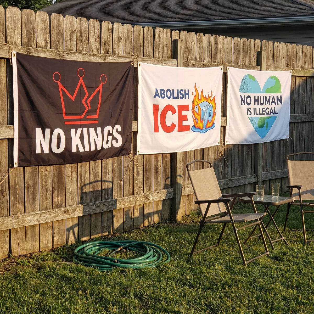 No Kings, Abolish ICE and No Human is Illegal flags hung in a row on a backyard fence
