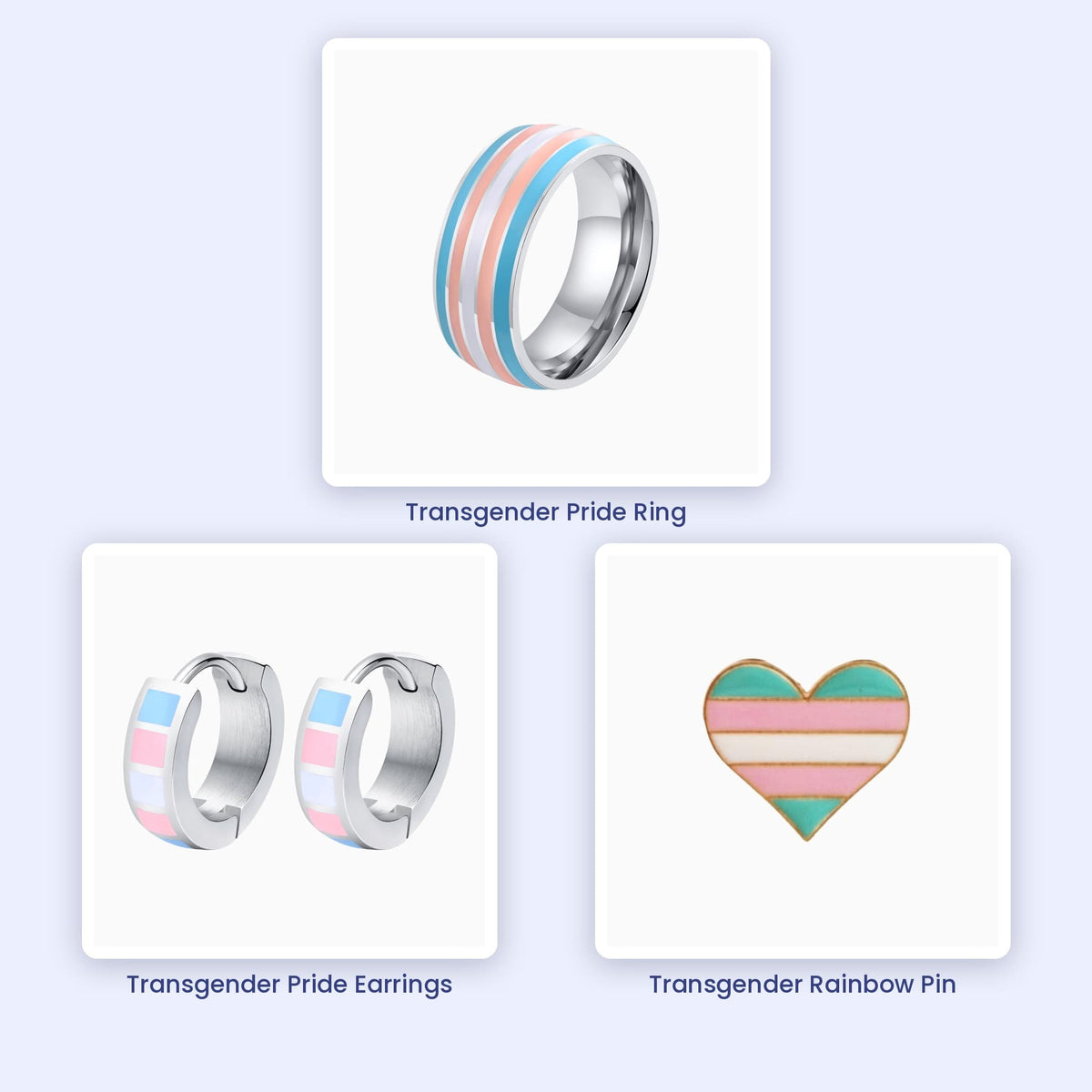 Transgender Pride Jewelry Bundle: ring, earrings and rainbow pin