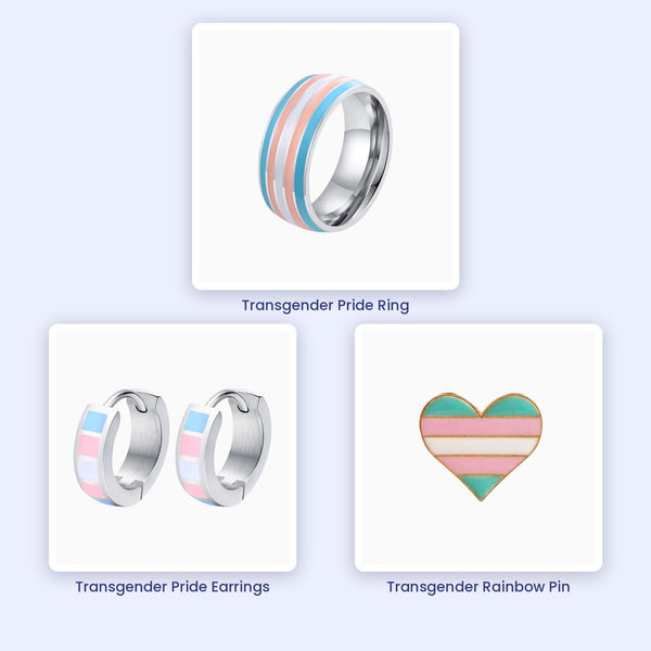 Transgender Pride Jewelry Bundle: ring, earrings and rainbow pin