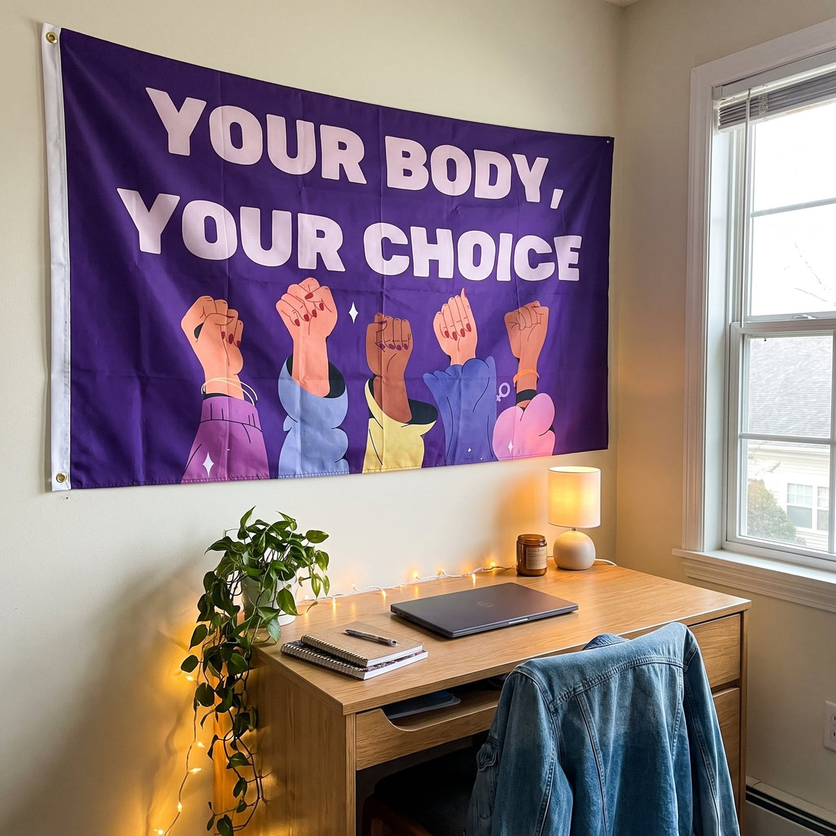 Your Body Your Choice Flag hung above a bedroom desk
